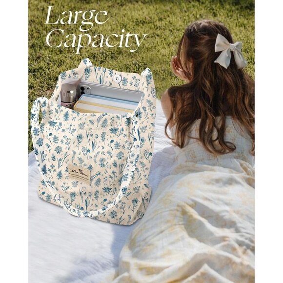 Stylish Large Corduroy Tote Bag with Makeup Pouch - Perfect for Everyday Use - Picture 4 of 6